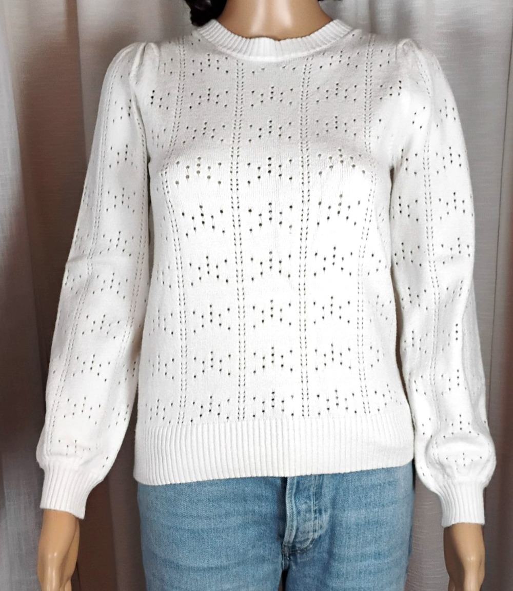 White Pointelle Knit Sweater Puff Sleeve Fitted Cottagecore Y2K Womens Small